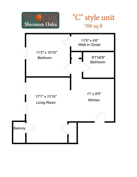 Floor plan for 1 bed, 1 bath, 700 sqft